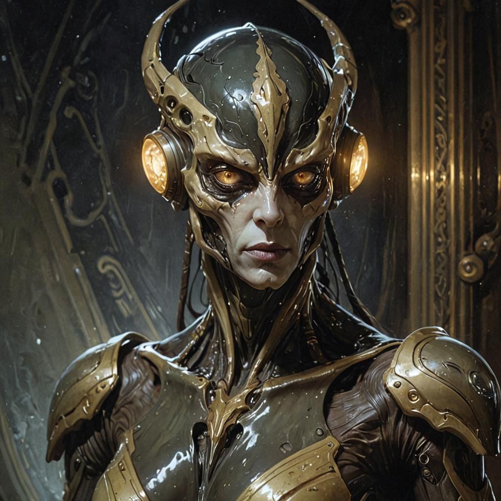 Ominous Alien Warframe Portrait in Darkness
