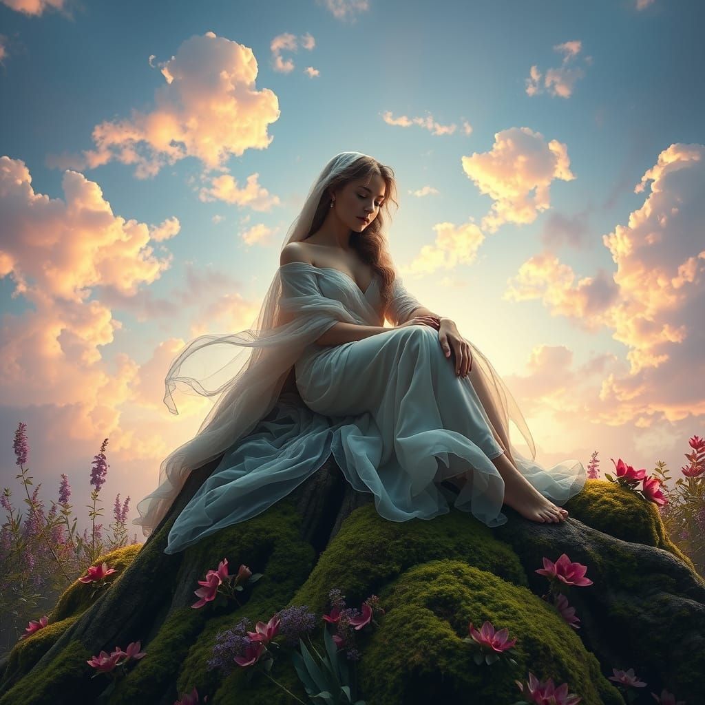 Dreamlike Woman in Vibrant Floral Tapestry