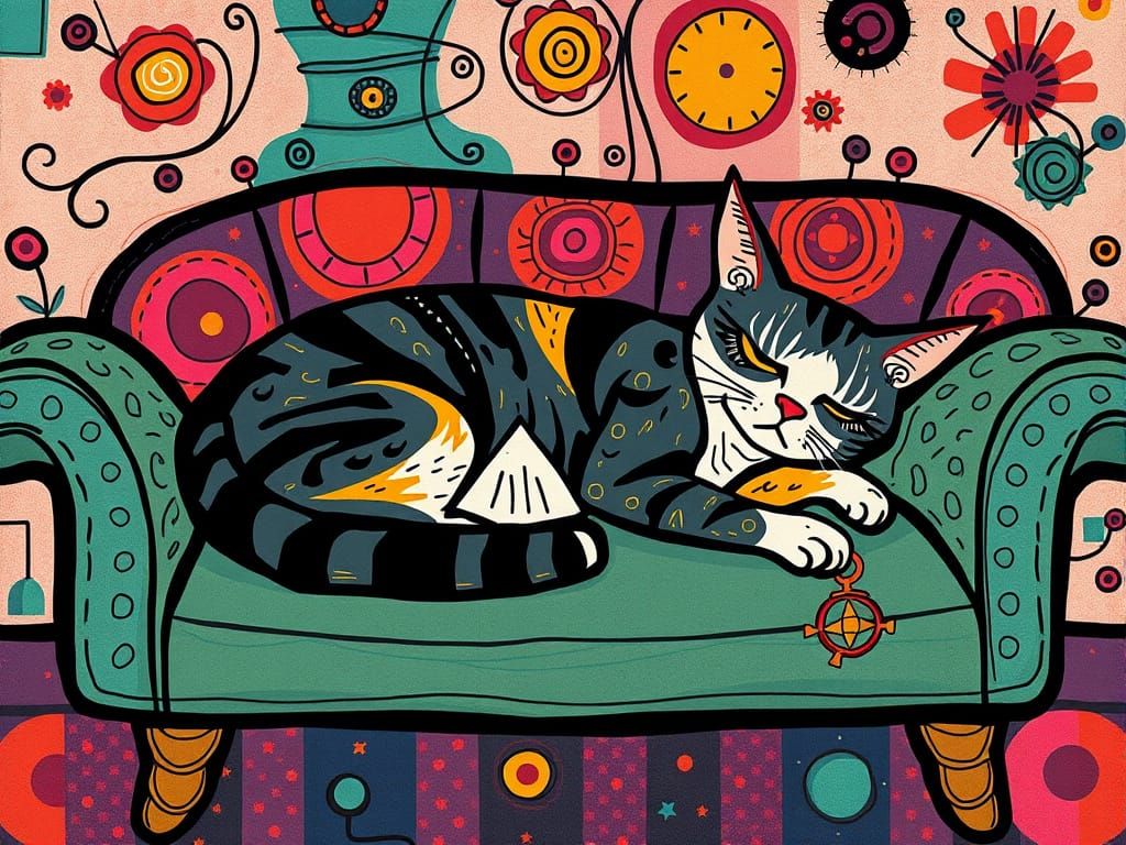 Vibrant Whimsical Cat Portrait in Bold Cubist Style