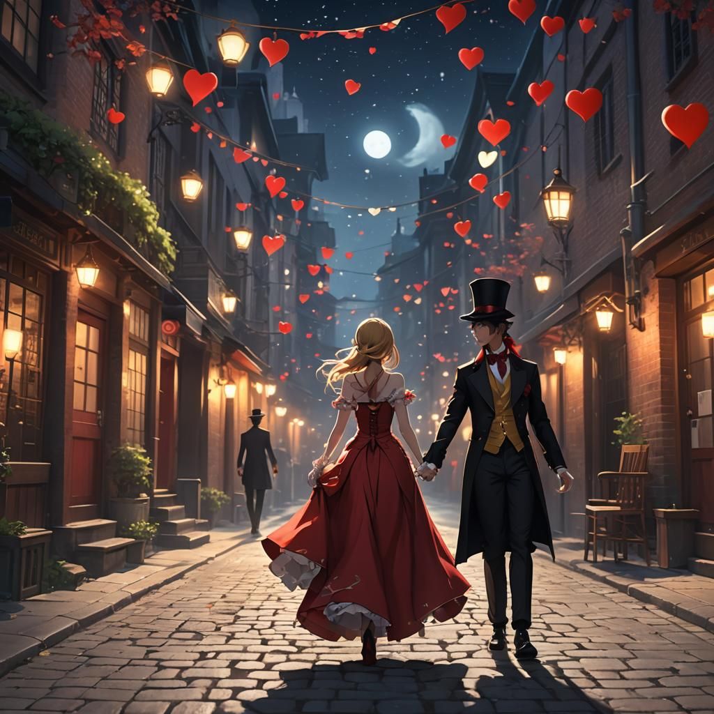 Romantic Couple in Moonlit Alley: 3D Anime Art