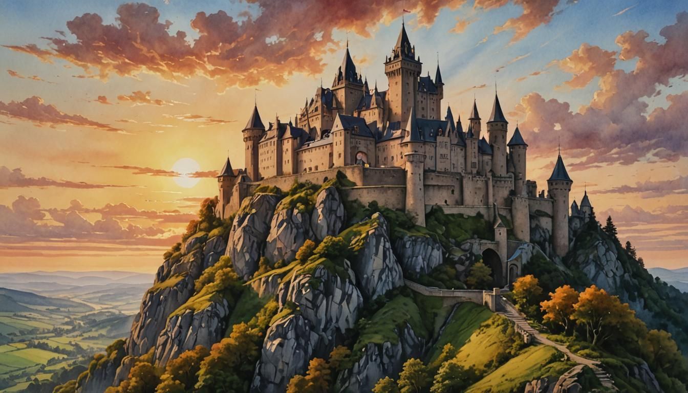 Castle on Hill at Sunset in Watercolor Style
