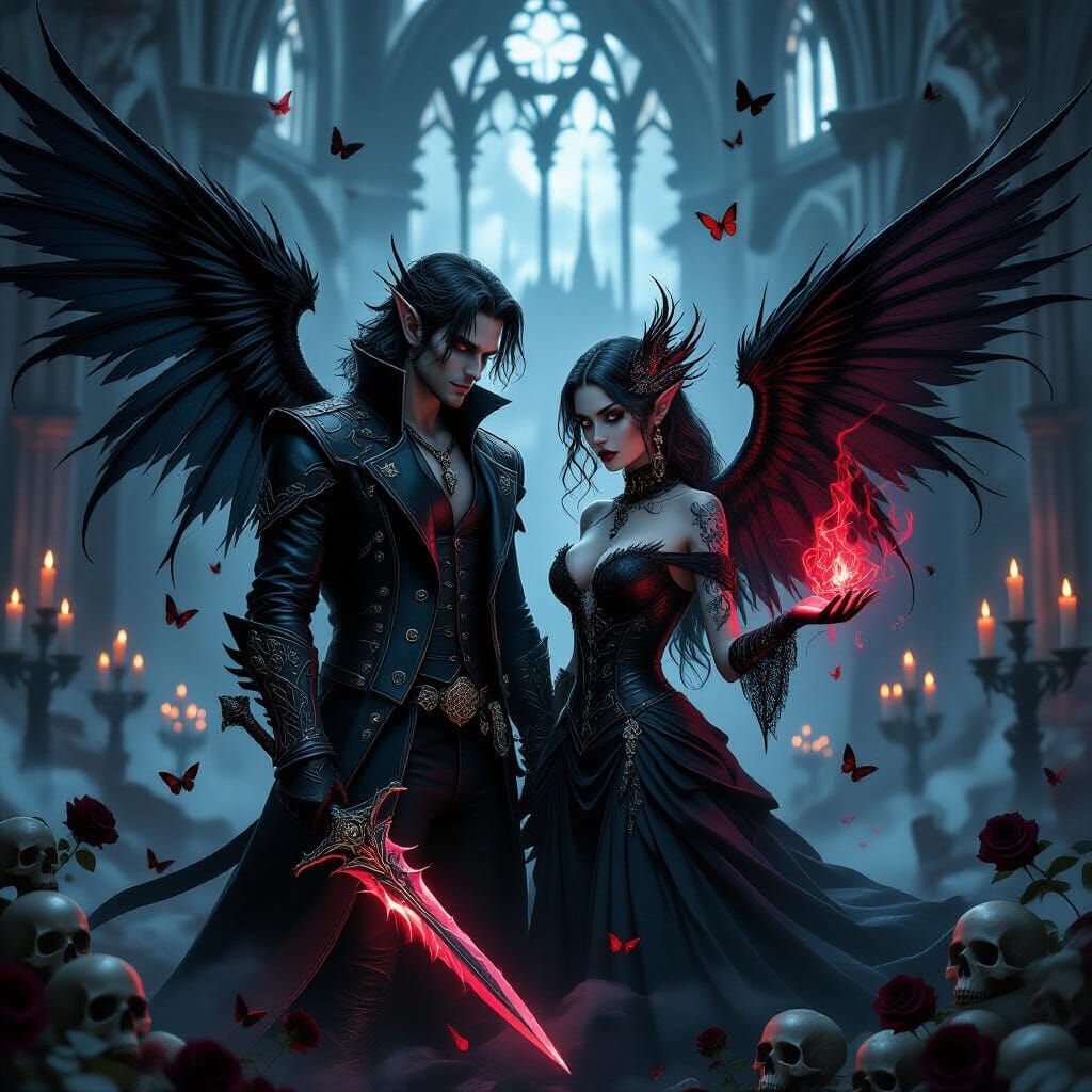Gothic Fae Couple in Ruined Cathedral Artwork
