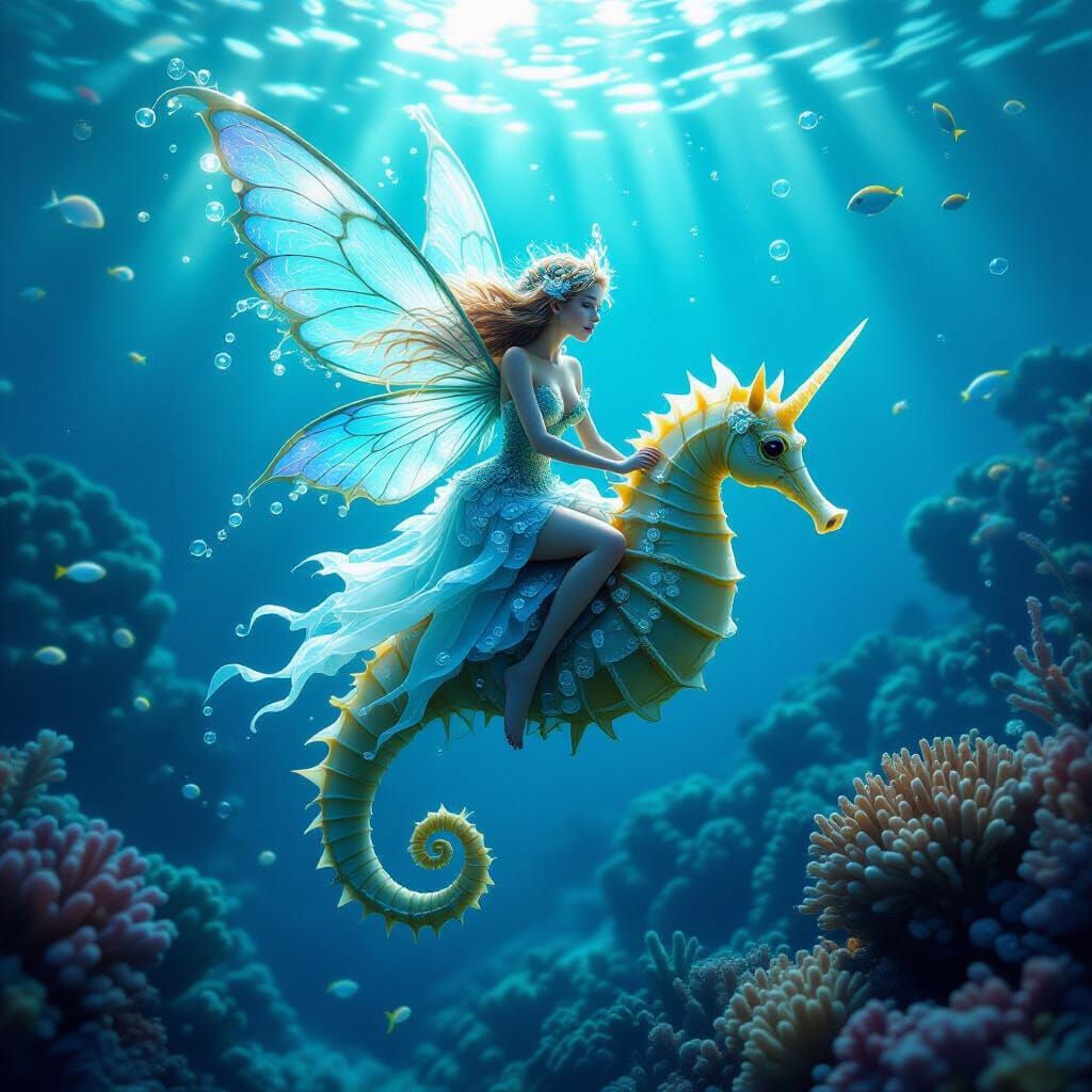Ocean Fairy Rides Seahorse Through Bioluminescent Coral Reef