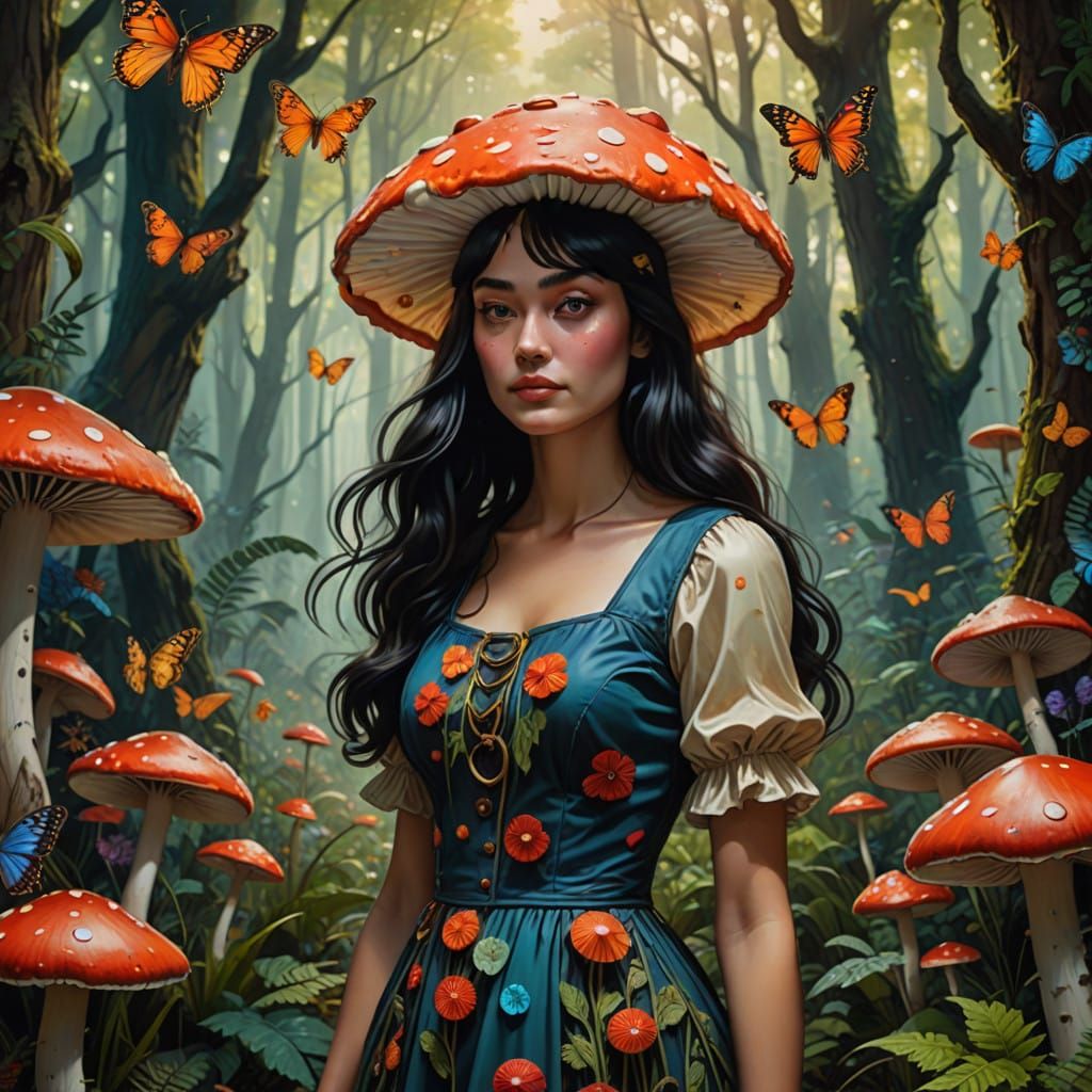 Girl with Mushroom Dress in Enchanted Forest