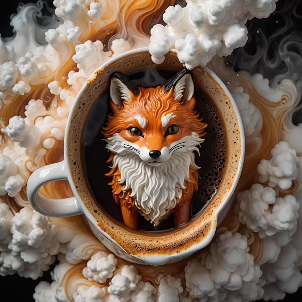 Magical Fox Portrait Formed from Coffee Steam