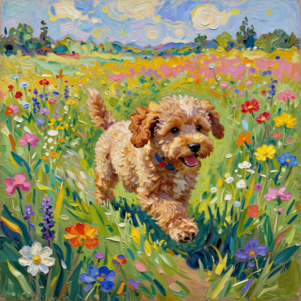 Playful Cavapoo Running Through Wildflower Meadow in Neo-Imp...