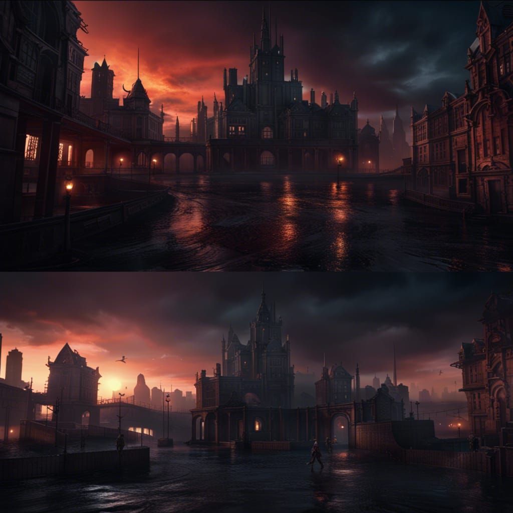 Dark Fantasy City Sunset in Noir Horror Style