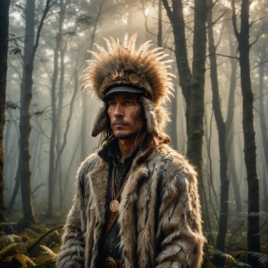 Man in Coonskin Hat in Ethereal Forest