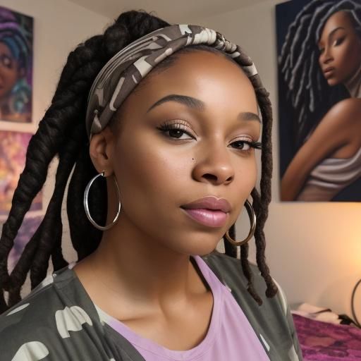 Airbrush Portrait: Woman with Locs in Camo Head Wrap