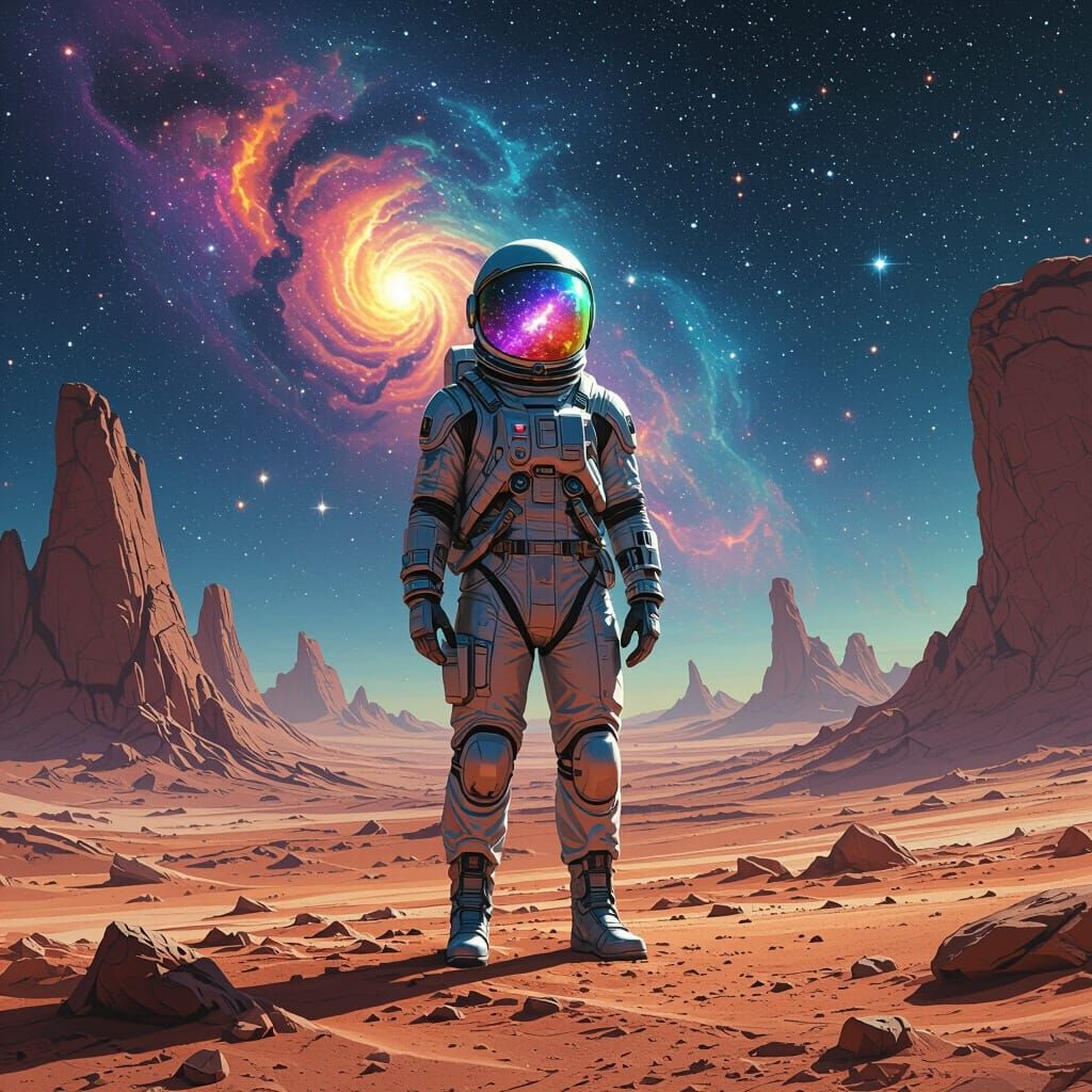 Astronaut on Alien Planet with Swirling Nebula