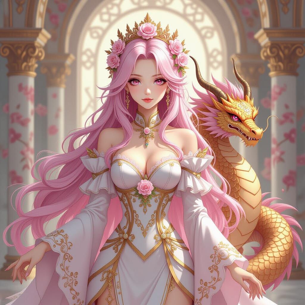 Gothic Anime Goddess with Pink and Gold Dragon