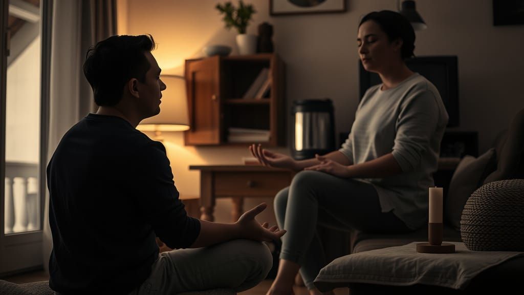 Parent and Child in Mindful Moment, Cozy Home, Film Noir Sty...