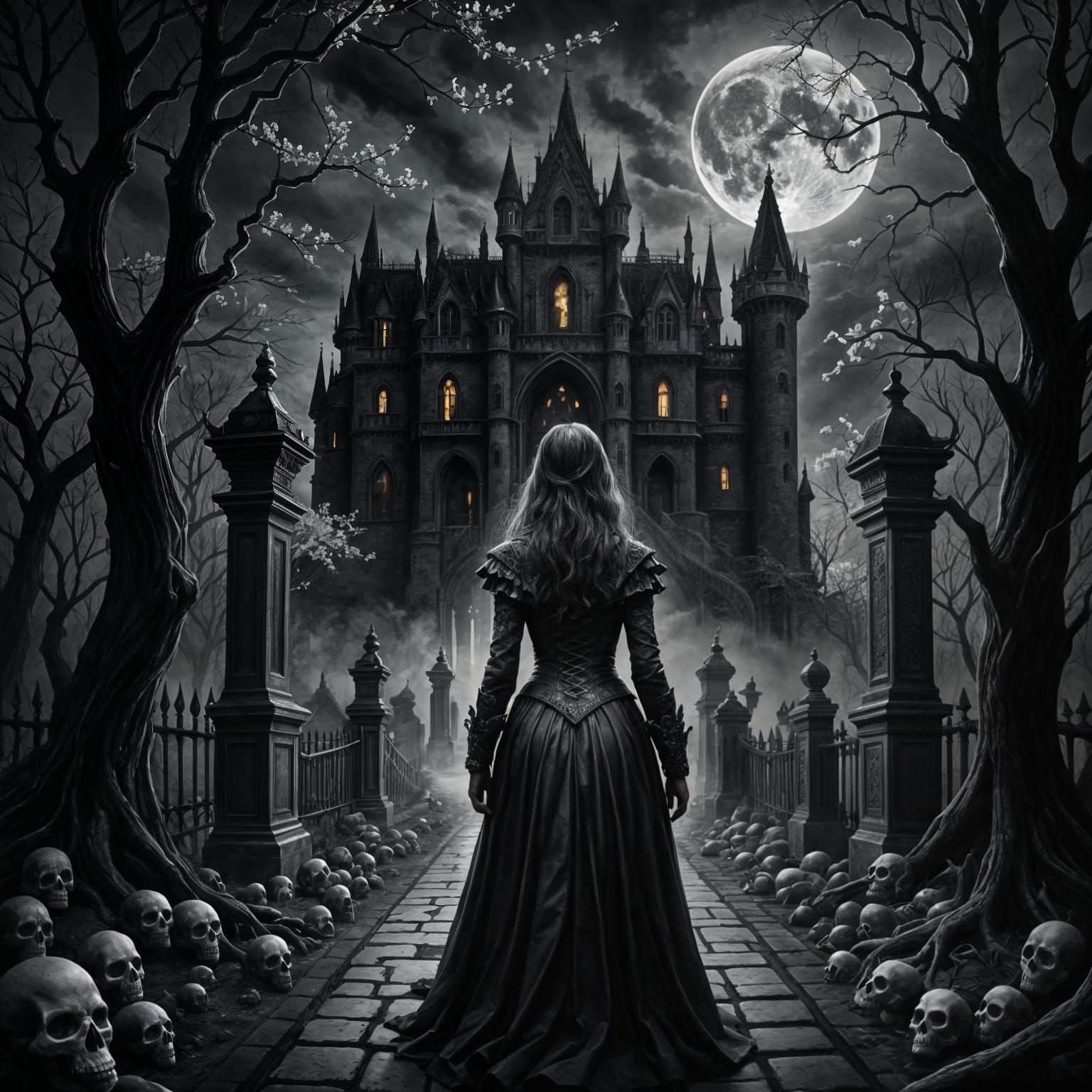 Ethereal Vampire Stands before Castle in Moody Charcoal Draw...