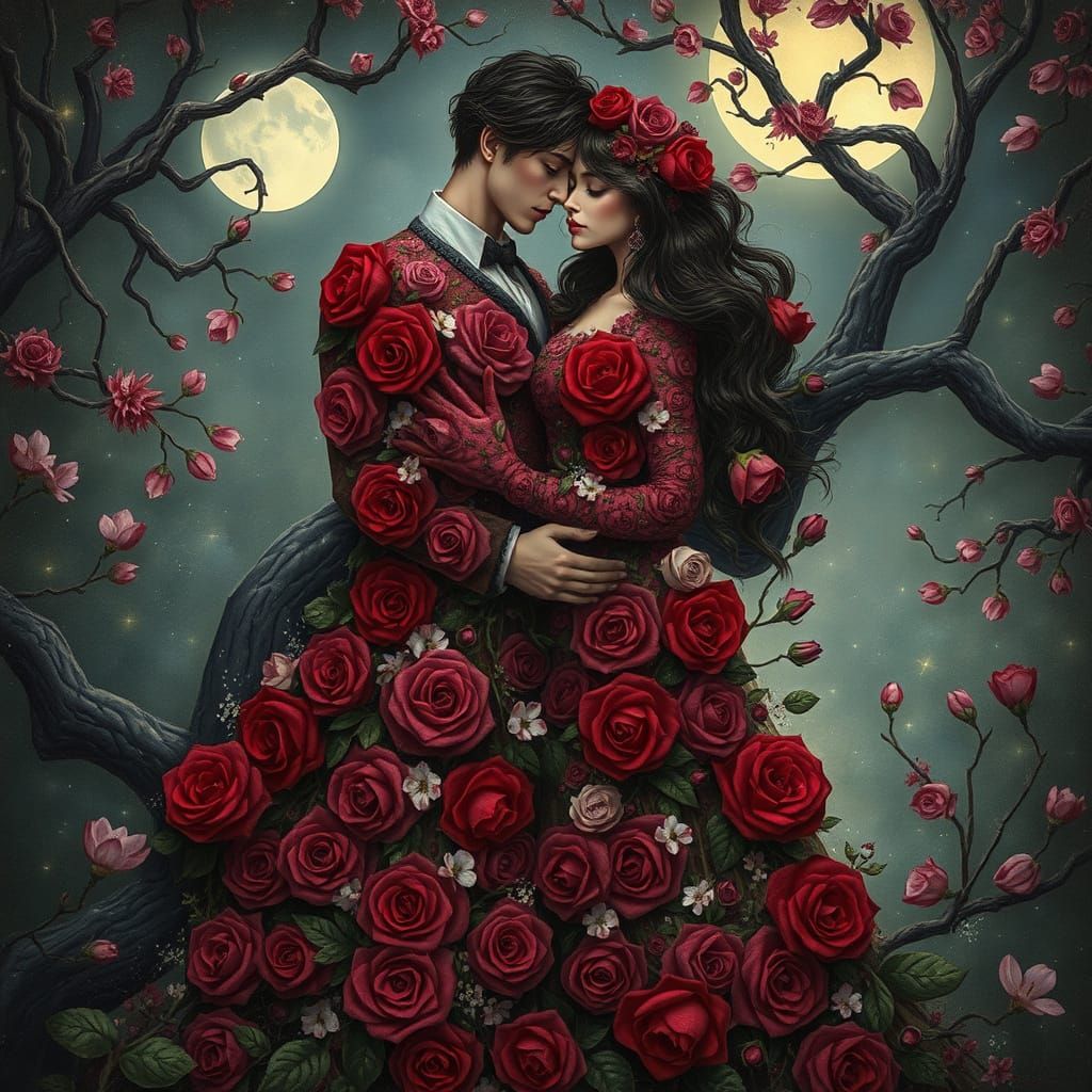 Whimsical Floral Couple in a Moonlit Garden
