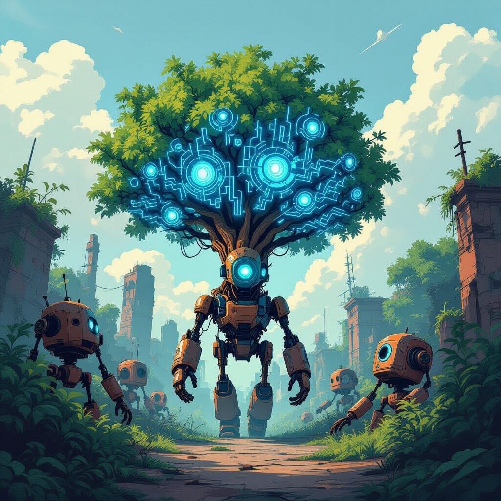 Mechanical Tree Among Derelict Robots in Ghibli Style
