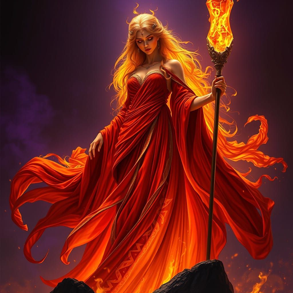 Statuesque Ember Queen Radiates Golden Light in Dark Fantasy