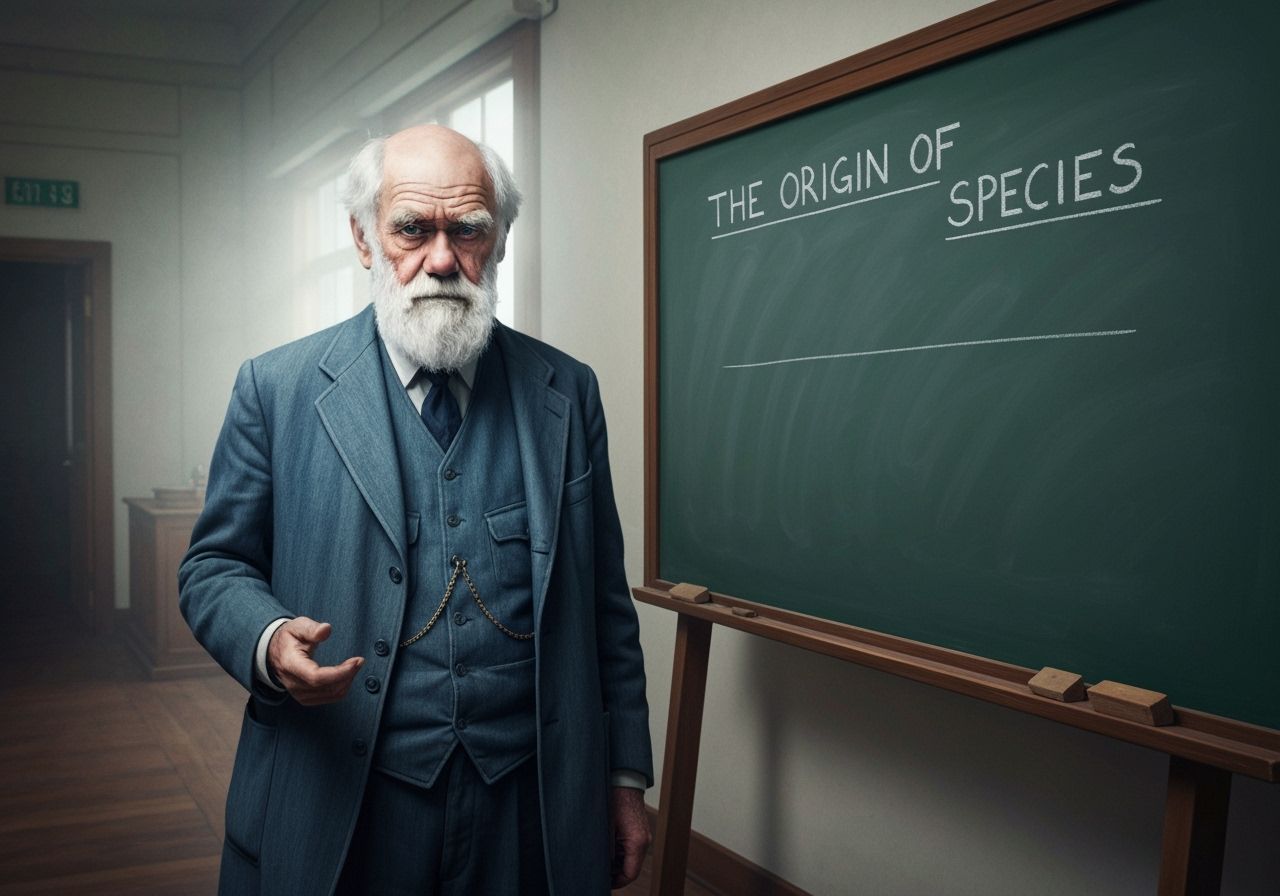 Darwin Presents Origin of Species in Denim: Photoillustratio...