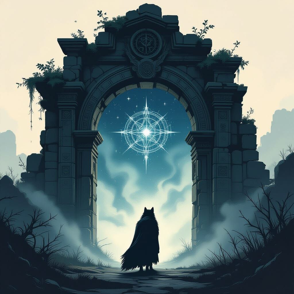 Dark Fantasy Wolf Before Cosmic Archway