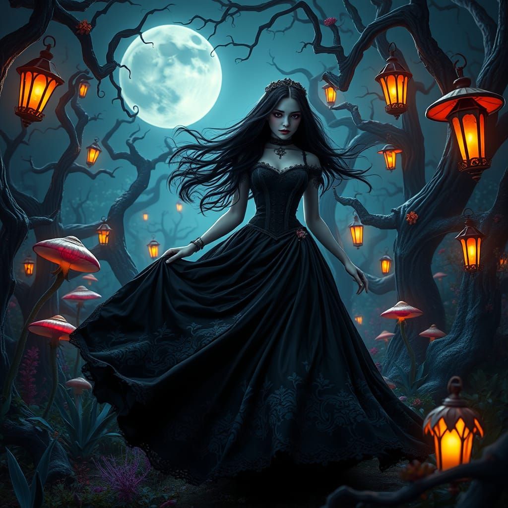 Gothic Emo Bride Dances Under Moonlit Trees