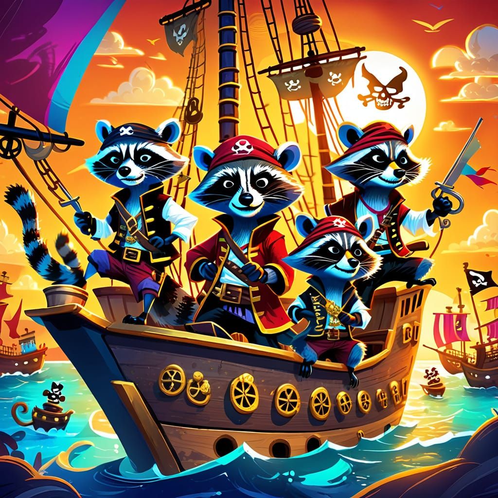 Cartoon Raccoons as Pirates on a Ship