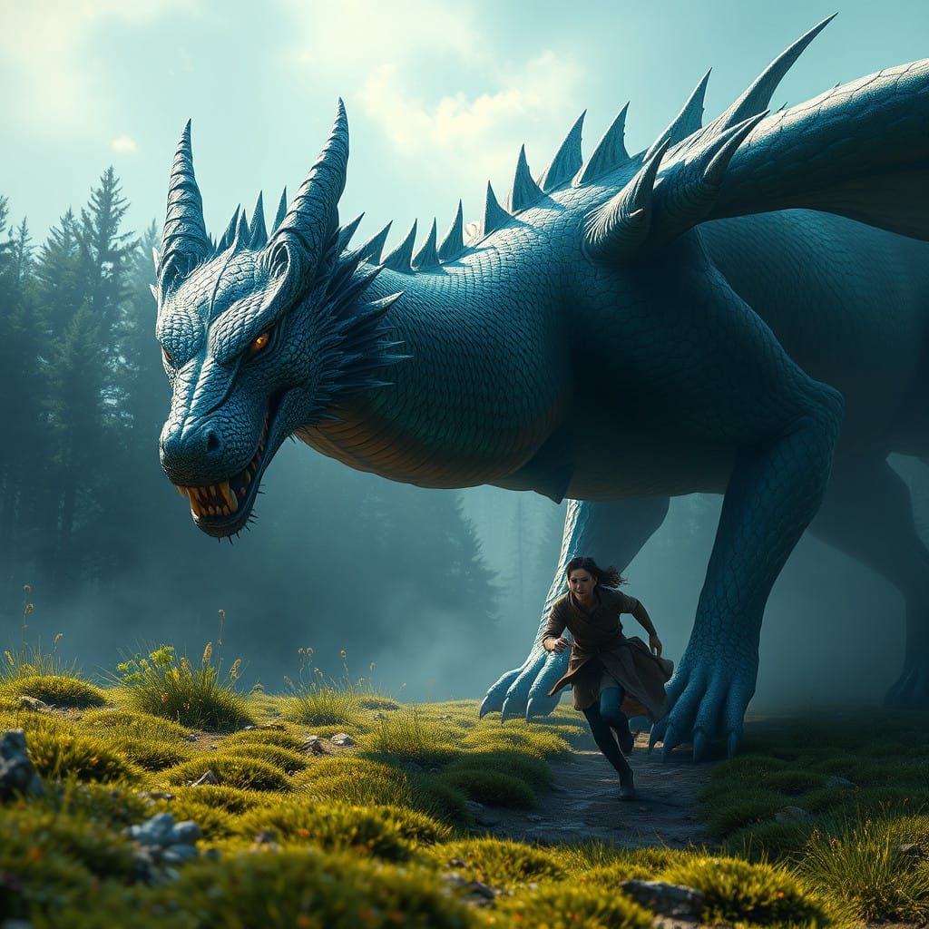 Majestic Dragonwolf Chases Fleeing Human in Ancient Forest L...