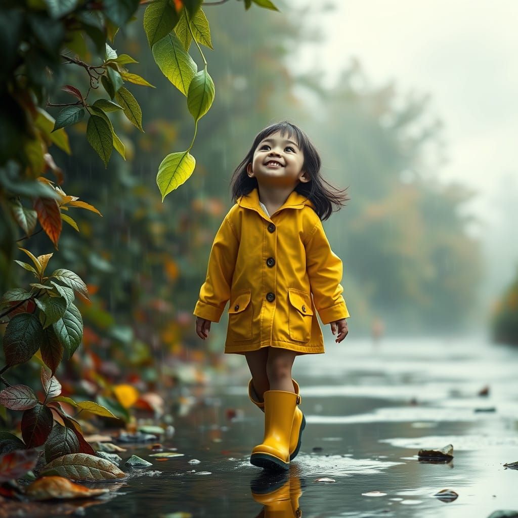 Joyful Rainy Day in a Vibrant, Dreamlike World