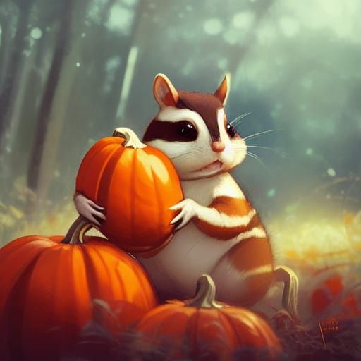 Cute Chipmunk Stuck in Pumpkin, Ghibli-Inspired