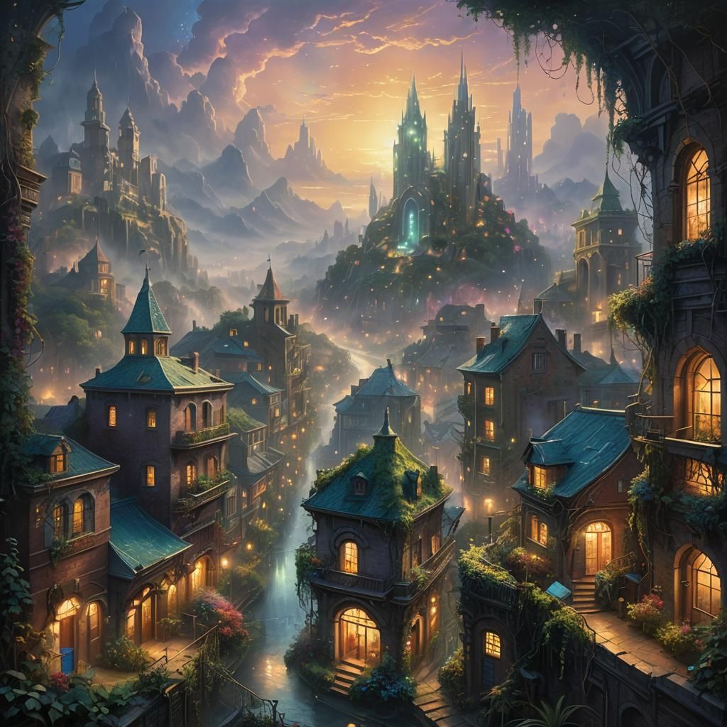 Ethereal Overgrown Cityscape with Holographic Billboards