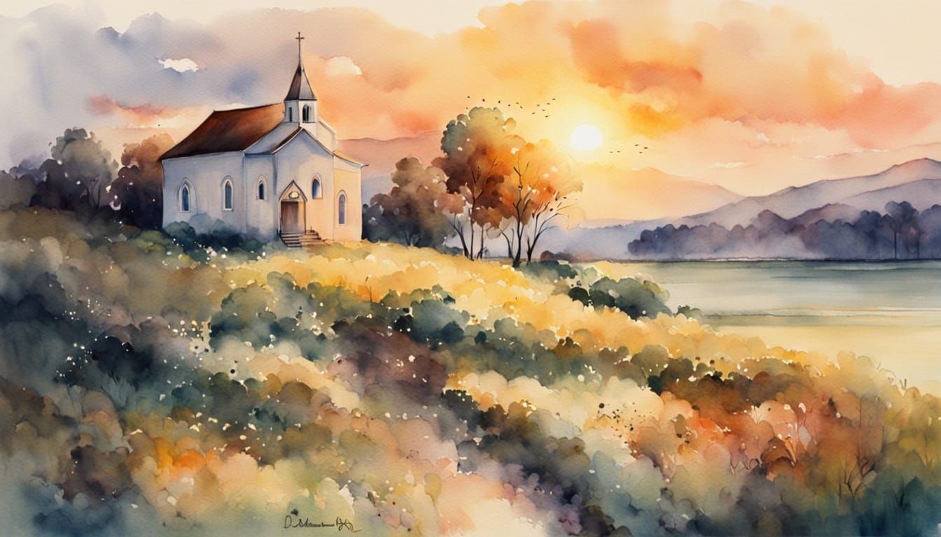 Watercolour Church at Sunset in Golden Light