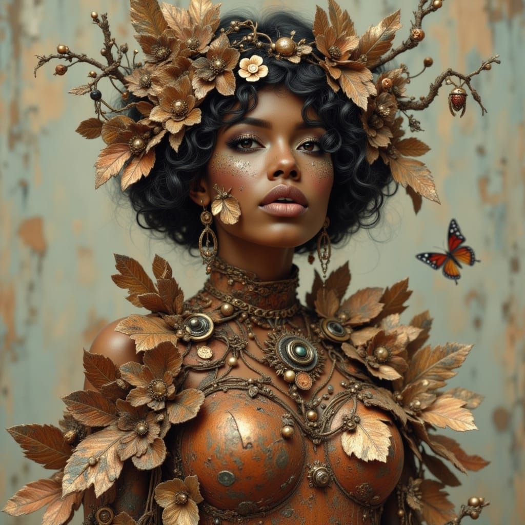 Woman with Metallic Petal Gown and Mechanical Insects