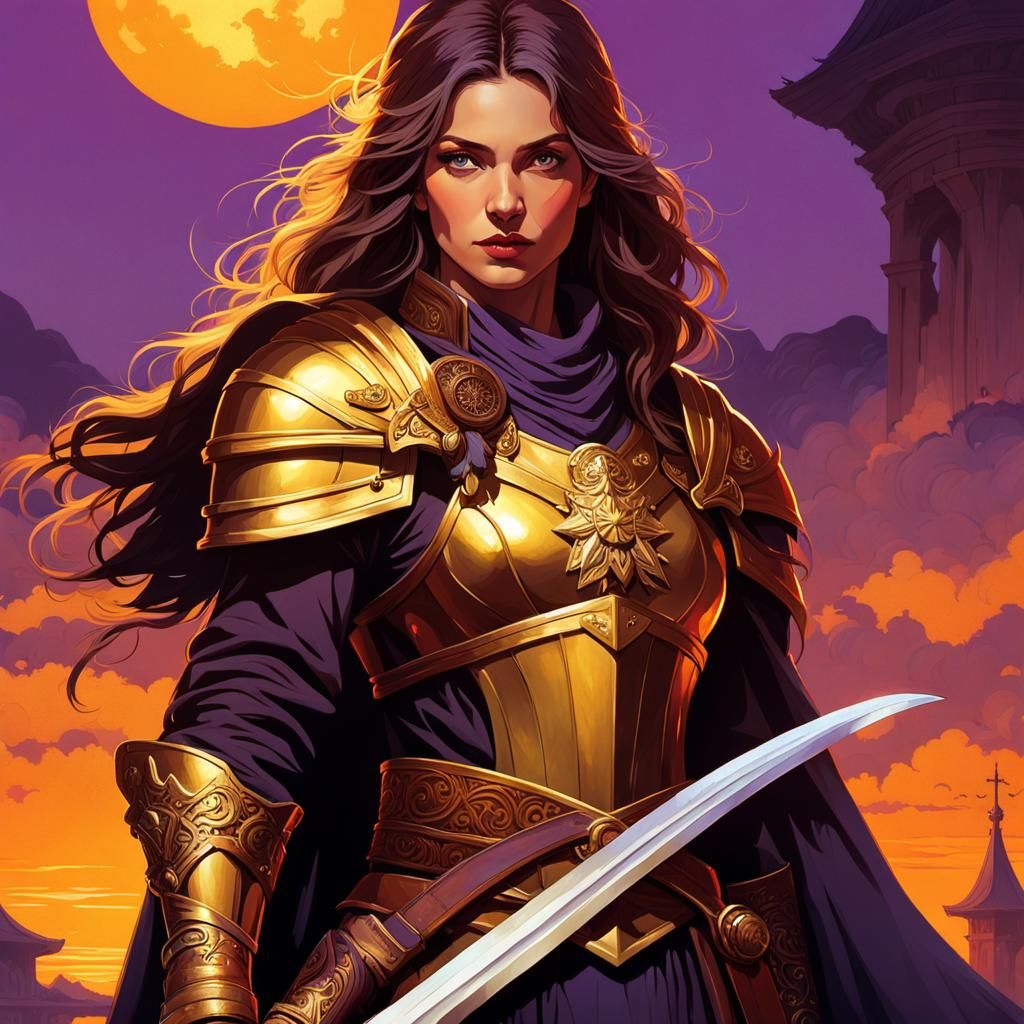 Fantasy Commander Guarding With Sword at Sunset