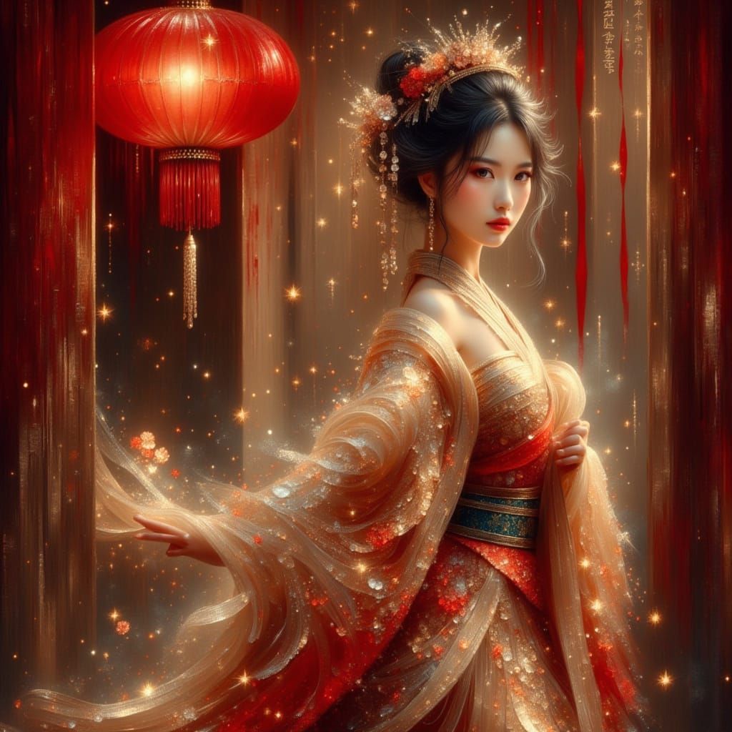 <lora:Exquisite Flux:1.0> <lora:Jellyfish Ascension:1.0> Young and Beautiful  Chinese Geisha. Full Beautiful outfit , on...