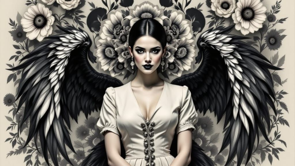 Gothic Fashion Model Walks Amidst Blooming Thorns