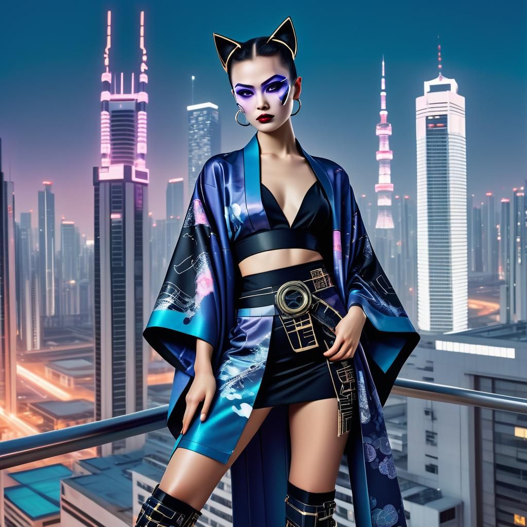 Cyberpunk Catwoman in Kimono Fashion, Magazine Cover