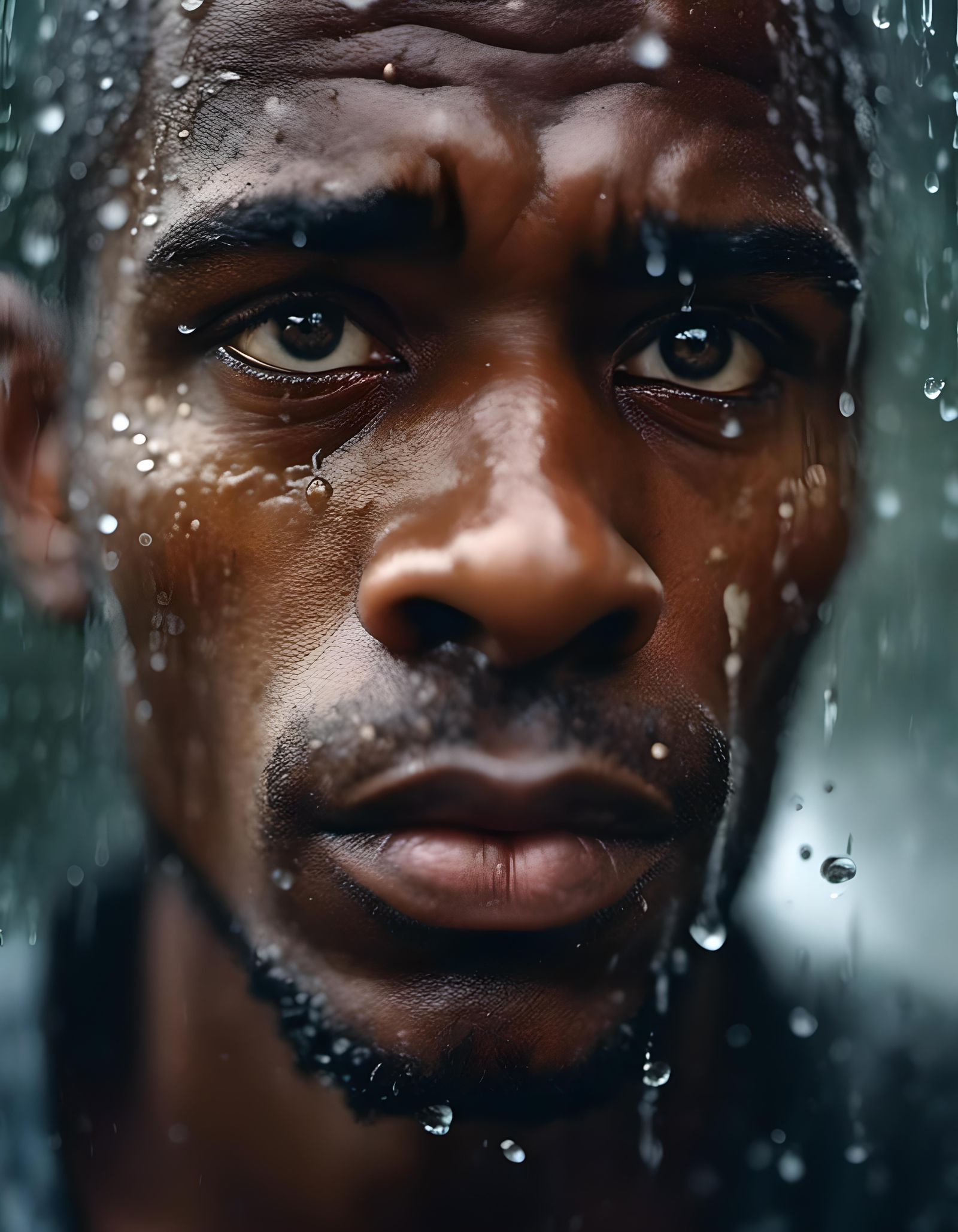 Crying Man Behind Wet Glass: Realistic Macro Photograph