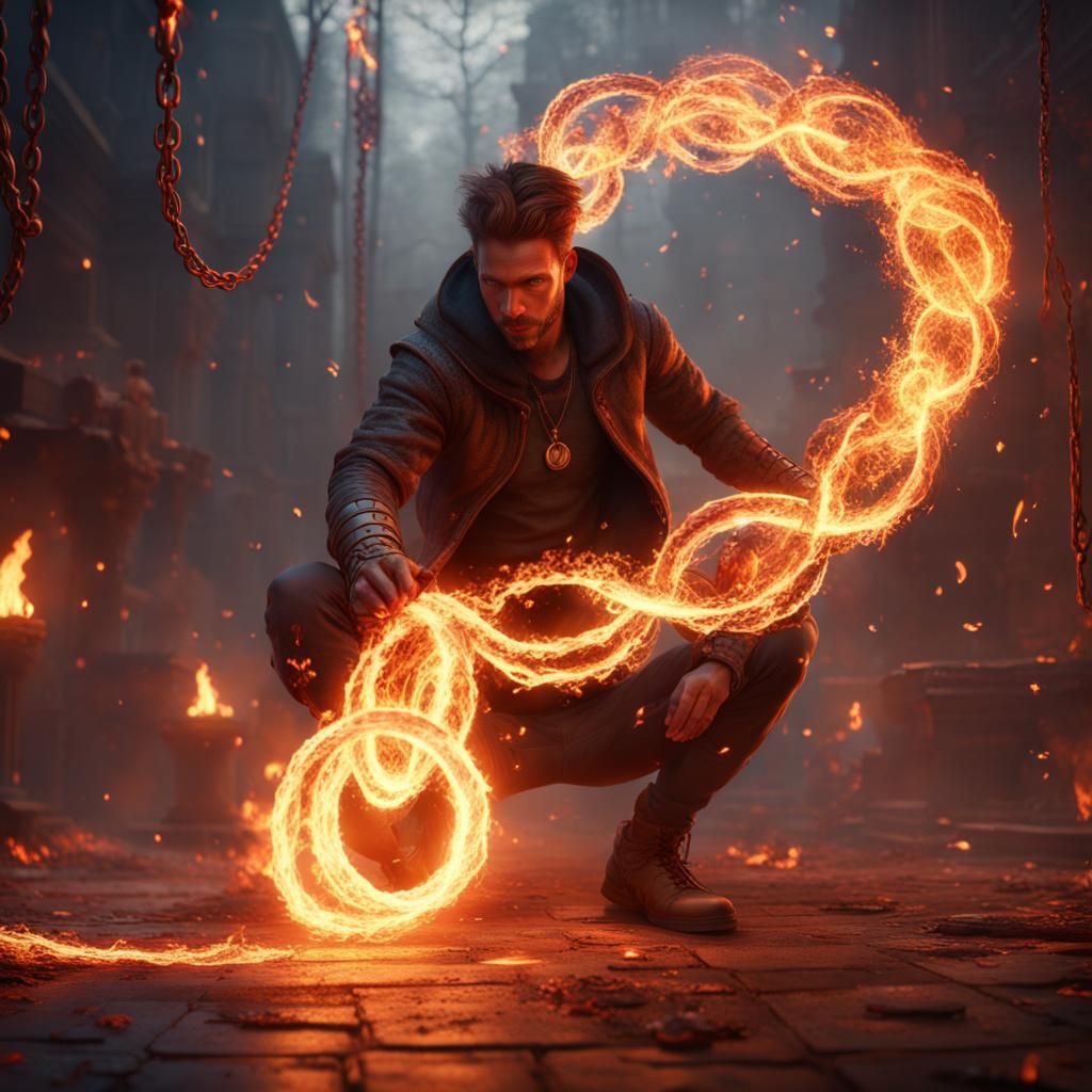 Fire Chain Spinner: Detailed Fantasy Art