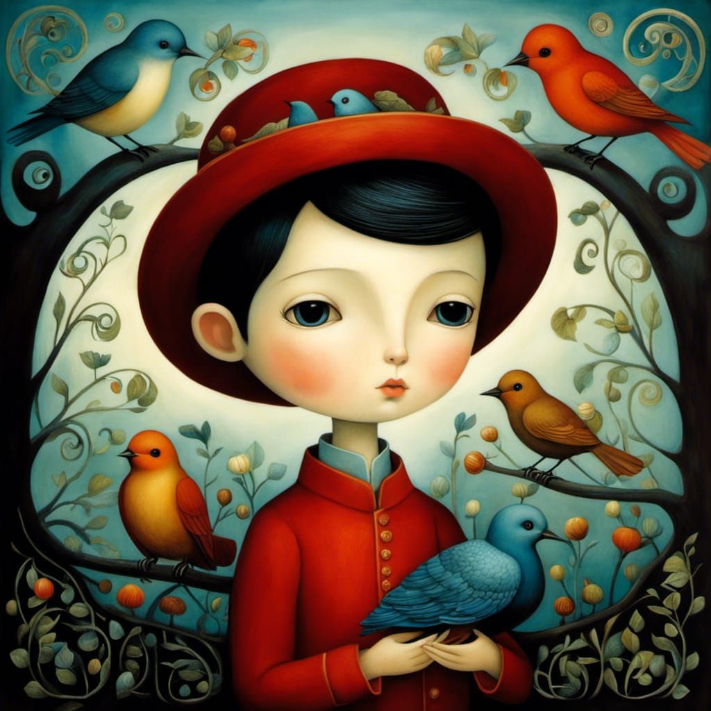 Boy with Bird: Whimsical Storybook Illustration