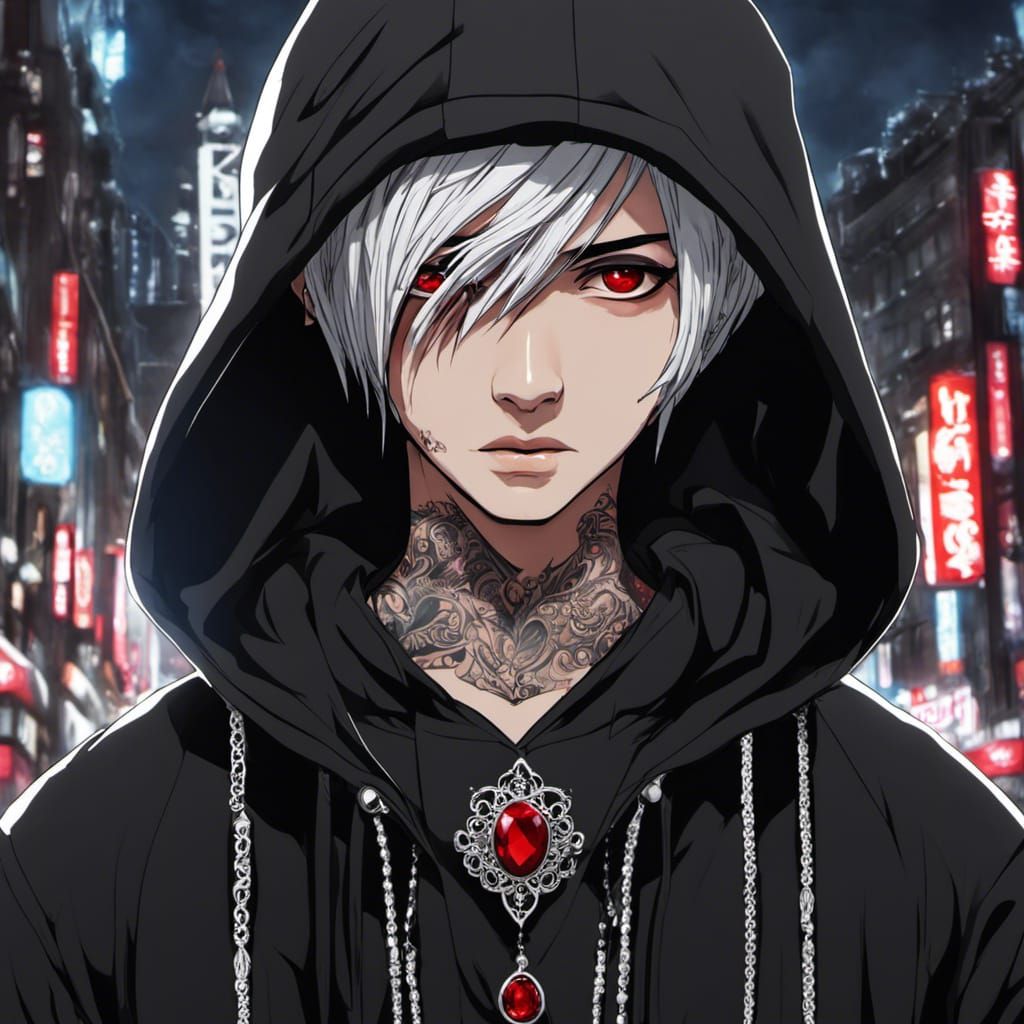Anime Goth Boy Portrait with Silver Hair and Tattoos