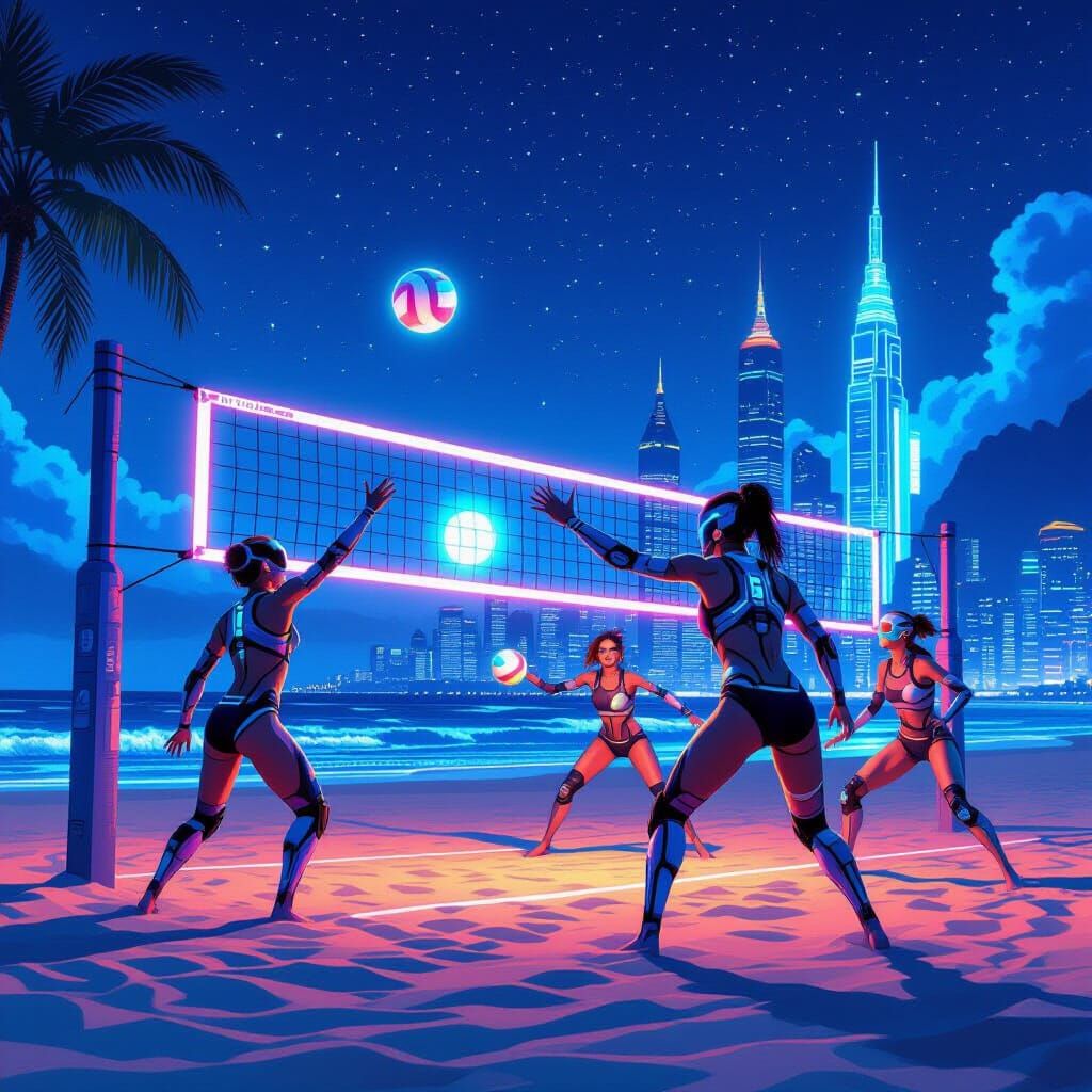 Cyberpunk Beach Volleyball Under Neon Stars