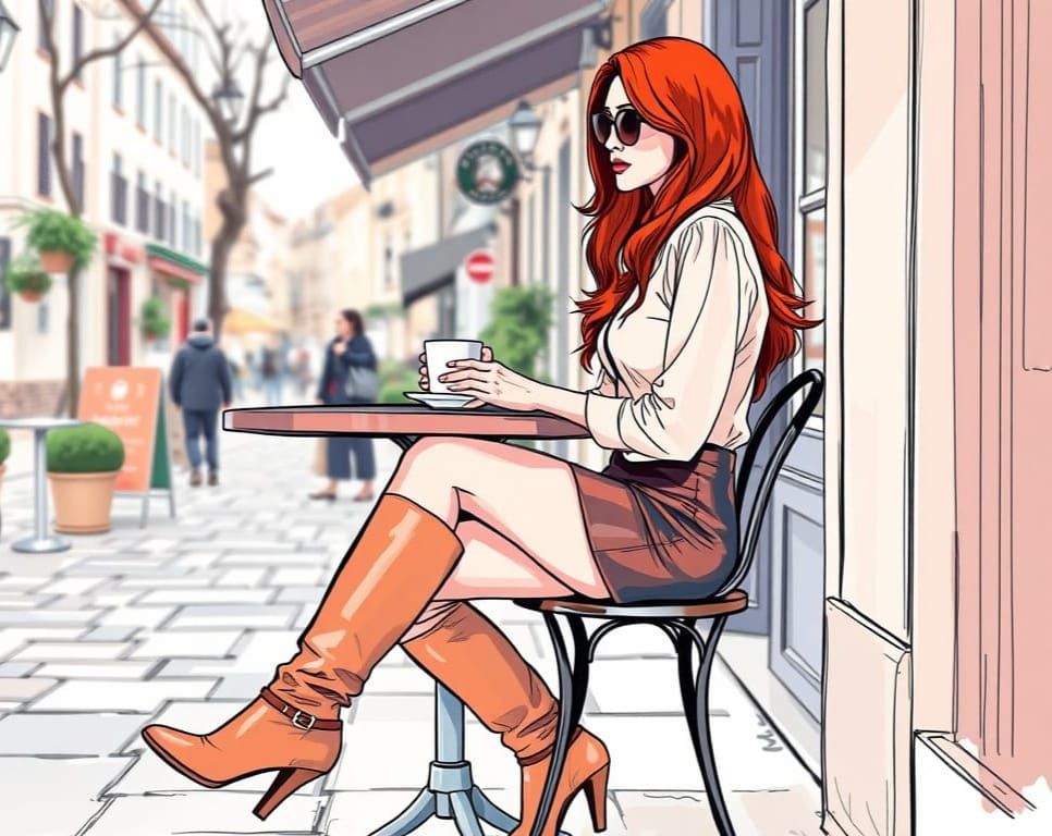 Elegant Woman Sips Coffee in a Quiet Village Street