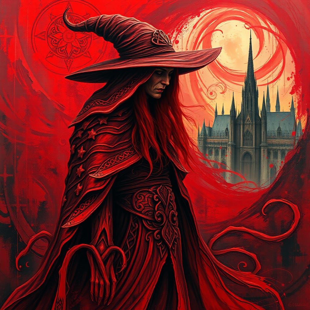 Mystical Red Witch in Impasto Celtic Attire