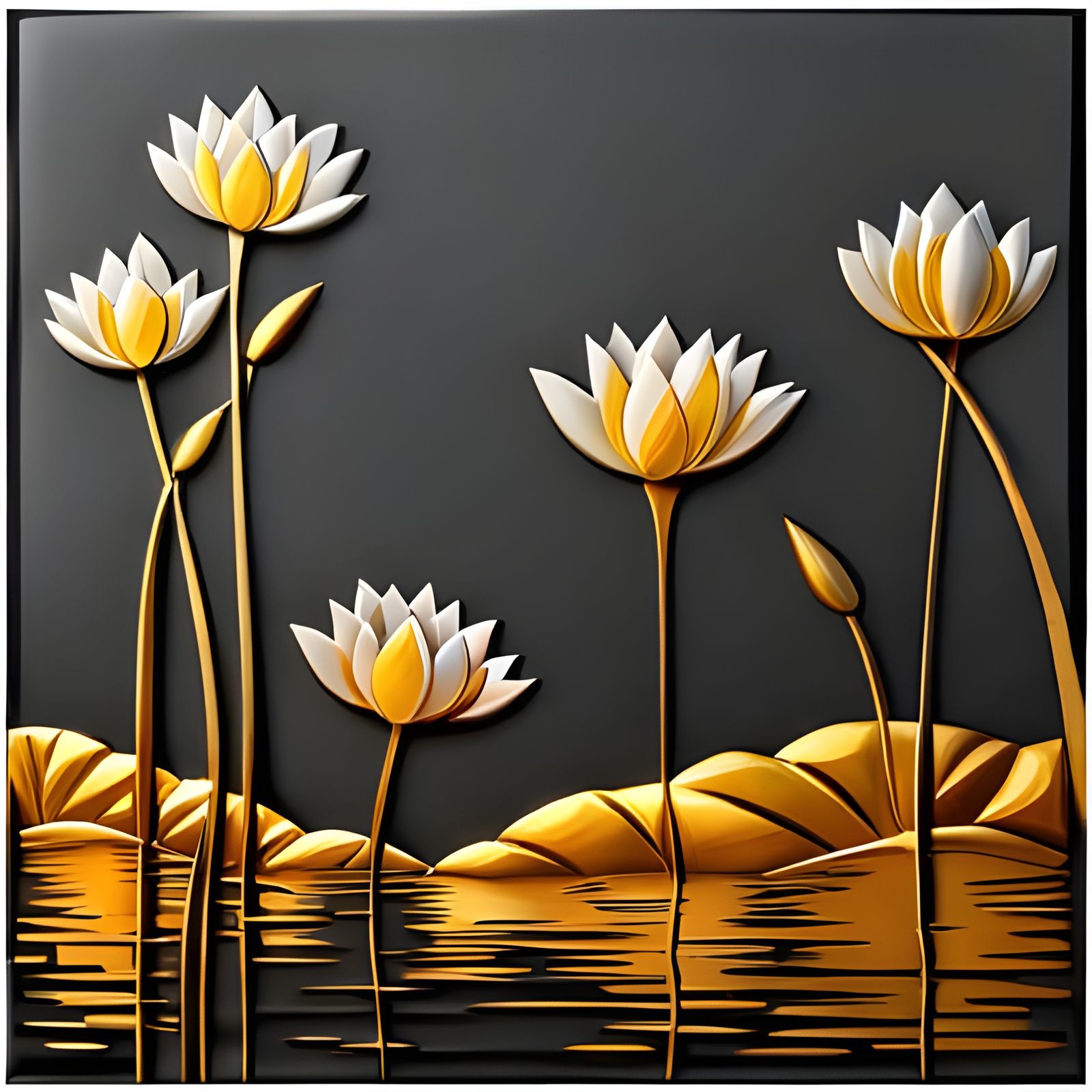 Epic Gold Bas-Relief Water Lilies on Grey Wall