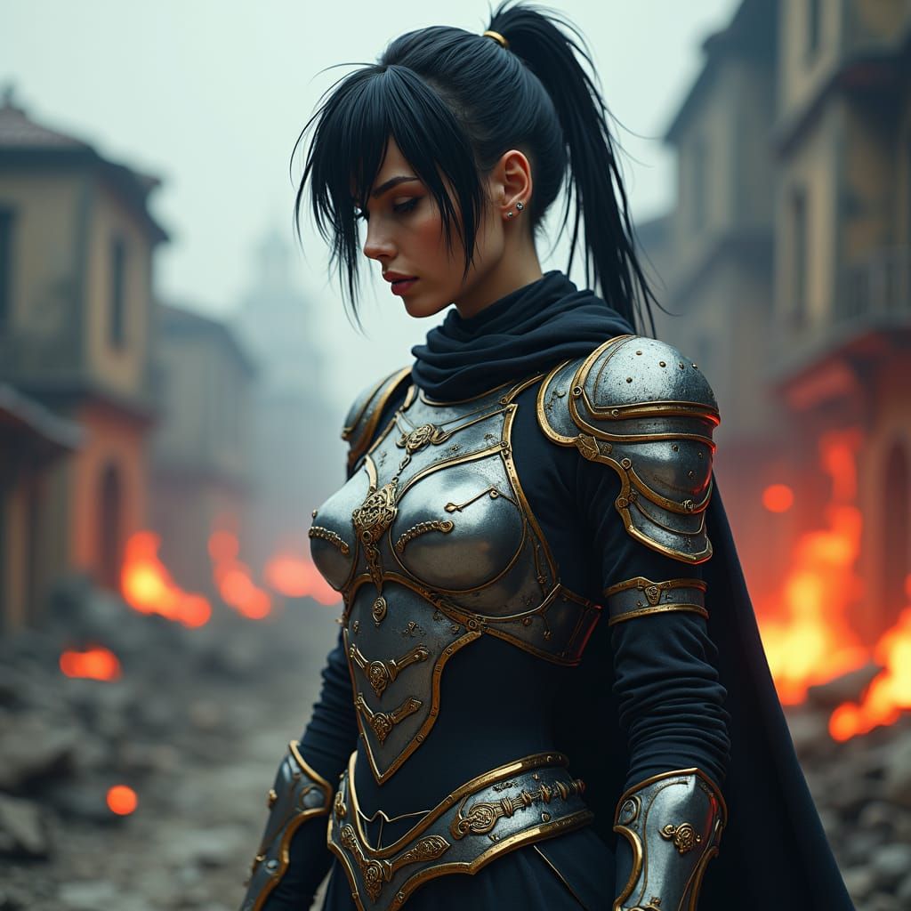 Female Warrior in Burning Town: Matte Painting