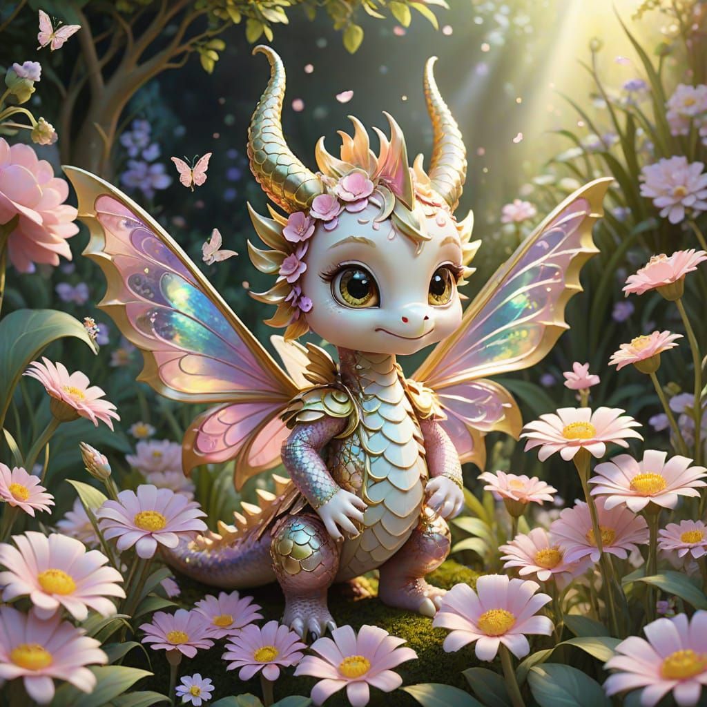 Anime Dragon in Flower Garden with Fairies
