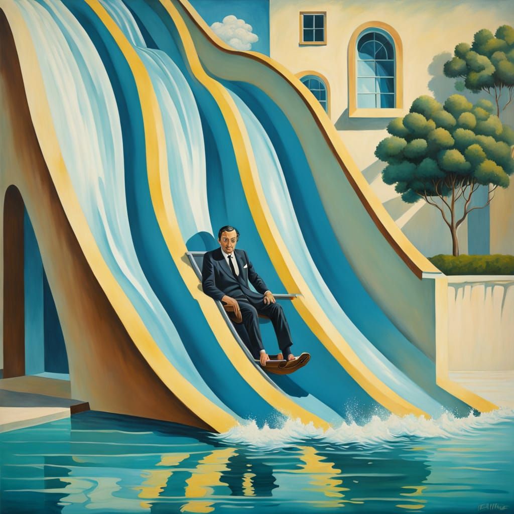 Magritte-Style Surrealist Waterslide Scene