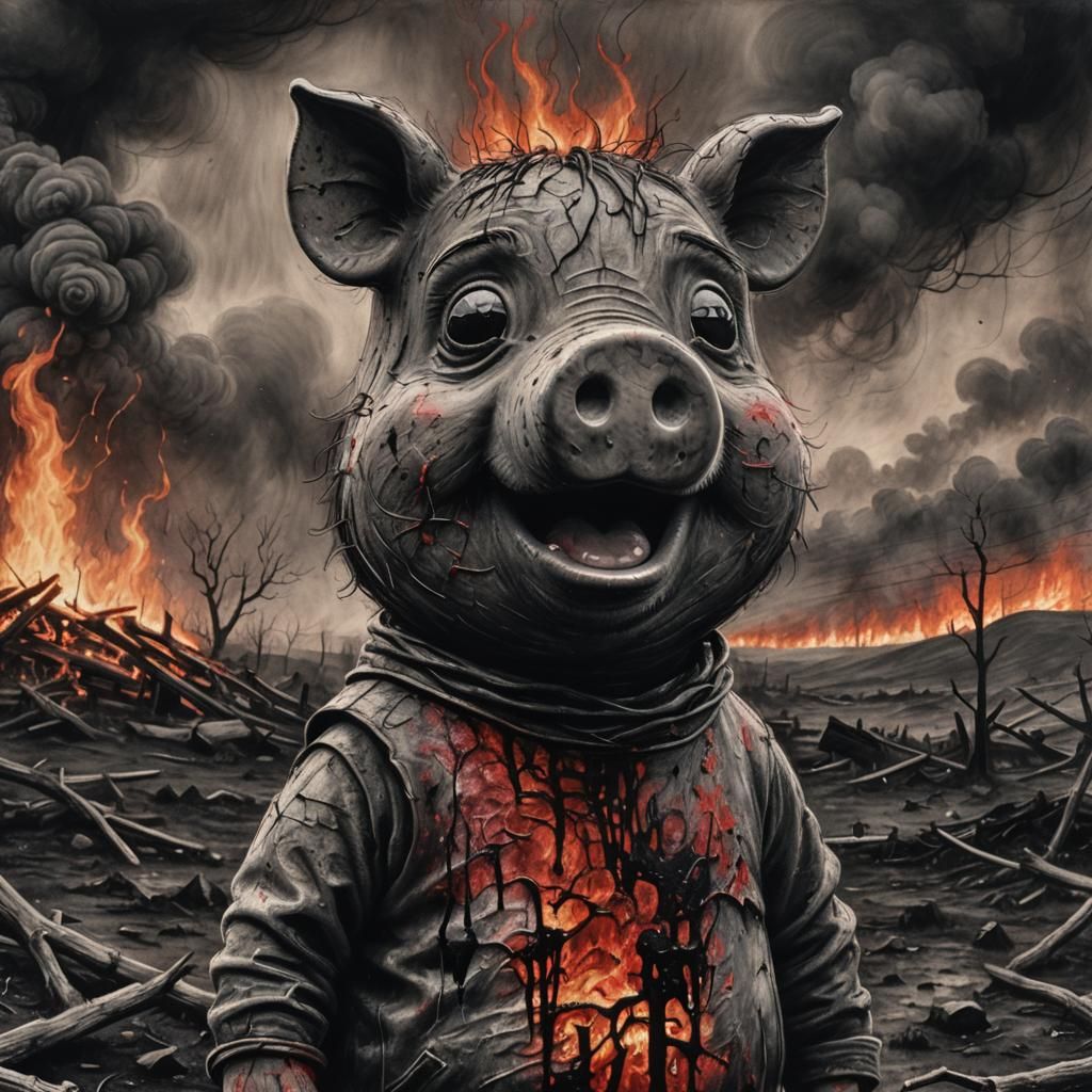 Bloody Peppa Pig in Hellish Charcoal Landscape