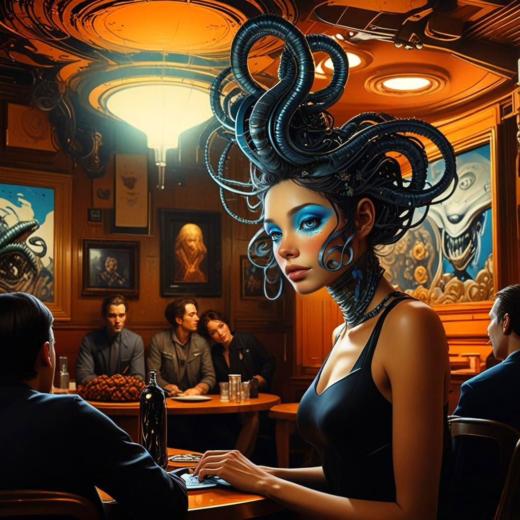 Warm Gathering of Creatives in a Cozy Futuristic Cafe