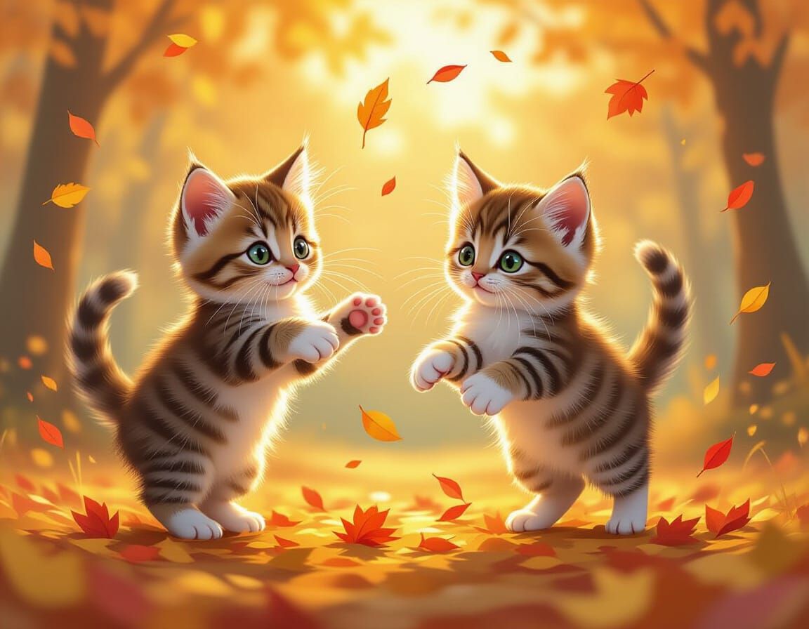 Playful Kittens Leap Among Falling Leaves in Golden Light
