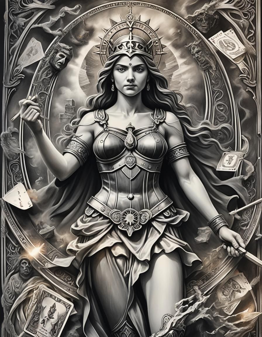 Justice Tarot Card in Hyperdetailed Charcoal Drawing
