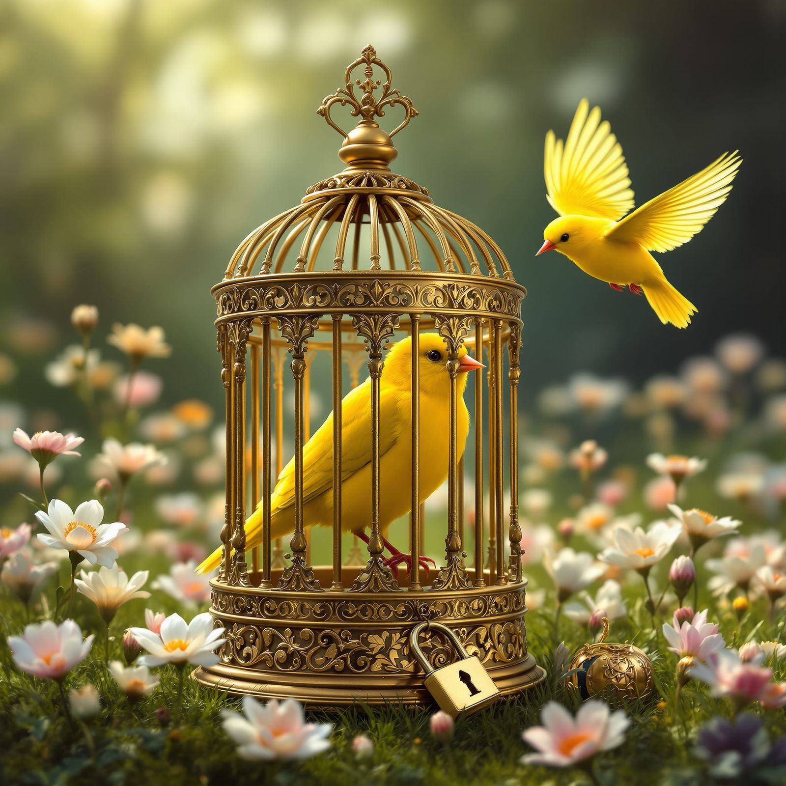 Yellow Canary Trapped in Golden Cage with Key